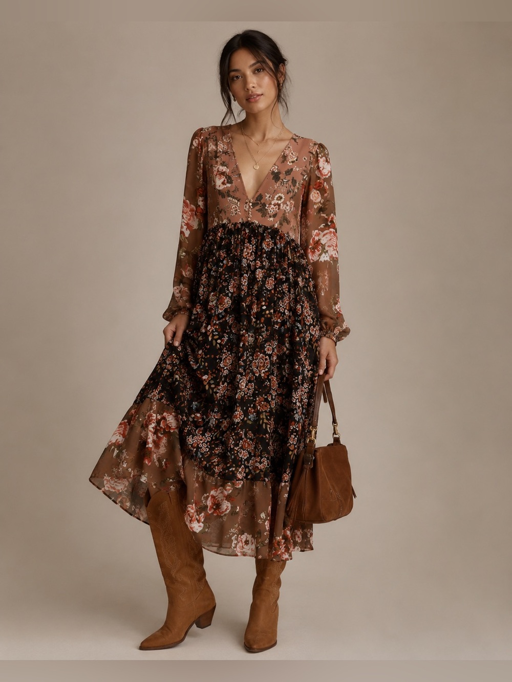 Aly Daly Floral Chiffon Midi Dress Brown black pink ballooon sleeve boho